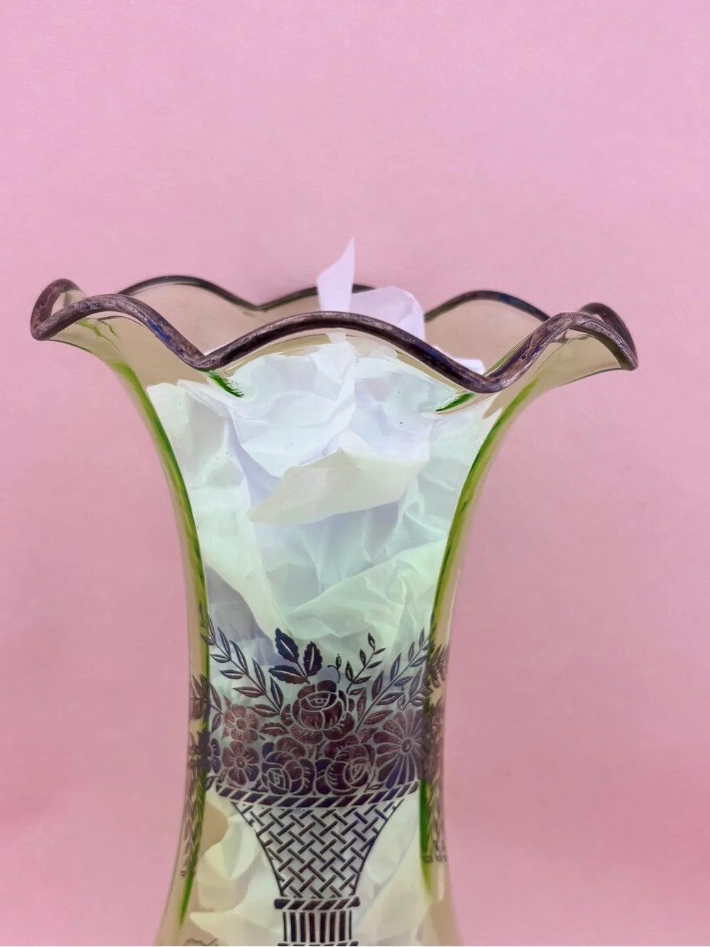 Vintage Art Deco Uranium Glass Vase With Sterling Silver Overlay